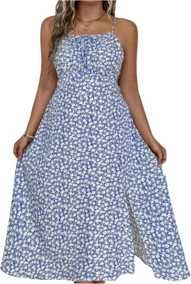 Verdusa Women's Plus Size Floral Slit Sun Dresses Bow Tie Shirred Backless Long Cami Dress