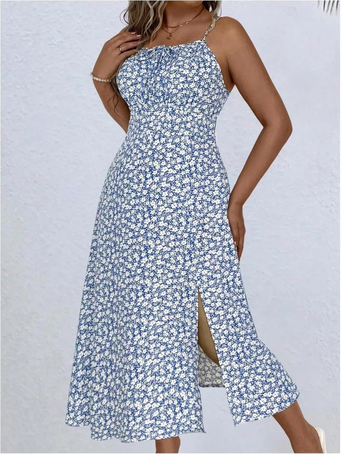 Verdusa Women's Plus Size Floral Slit Sun Dresses Bow Tie Shirred Backless Long Cami Dress