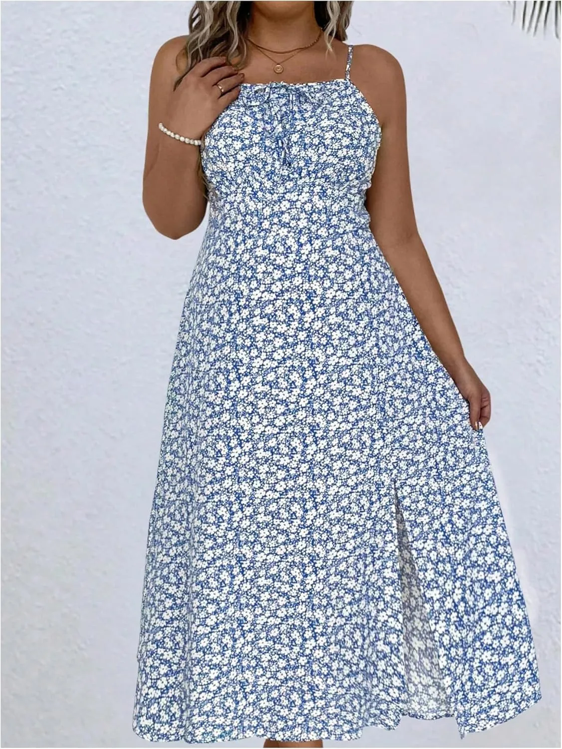 Verdusa Women's Plus Size Floral Slit Sun Dresses Bow Tie Shirred Backless Long Cami Dress