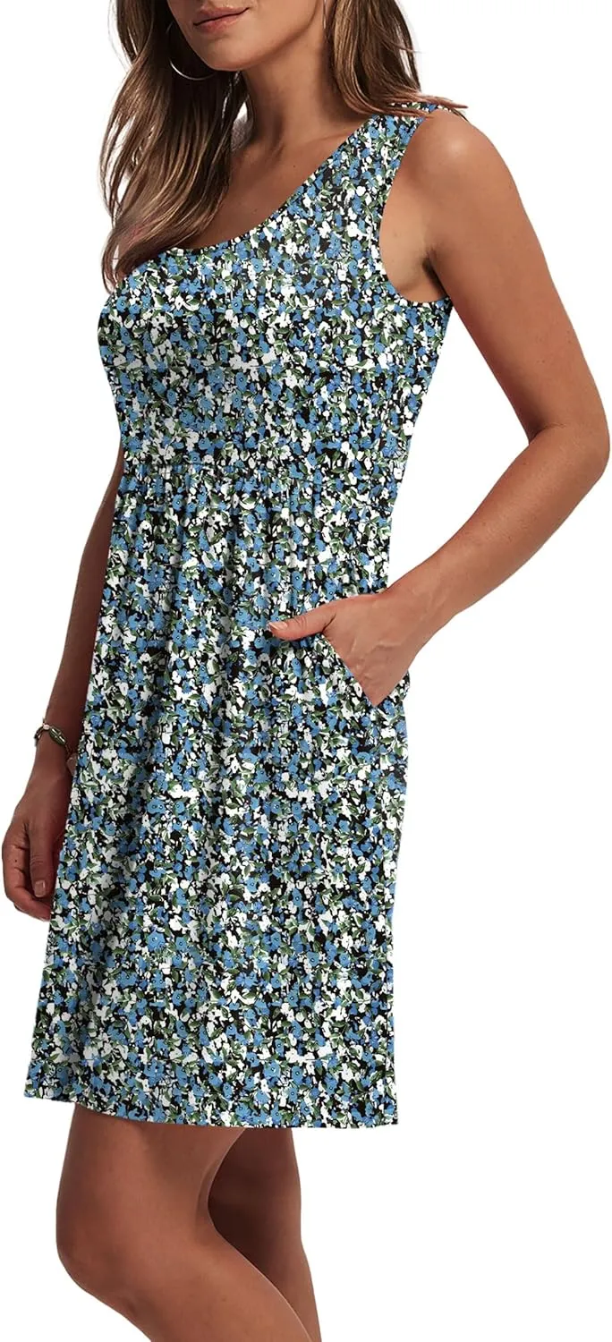 WIHOLL Women's Summer Dress 2025 A-Line Sleeveless Casual Sundress with Pockets Floral/Solid