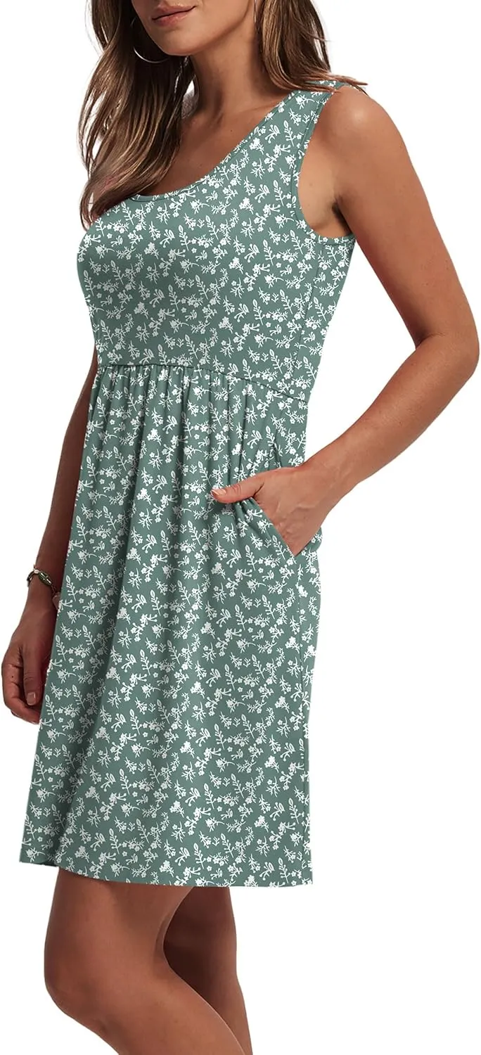 WIHOLL Women's Summer Dress 2025 A-Line Sleeveless Casual Sundress with Pockets Floral/Solid