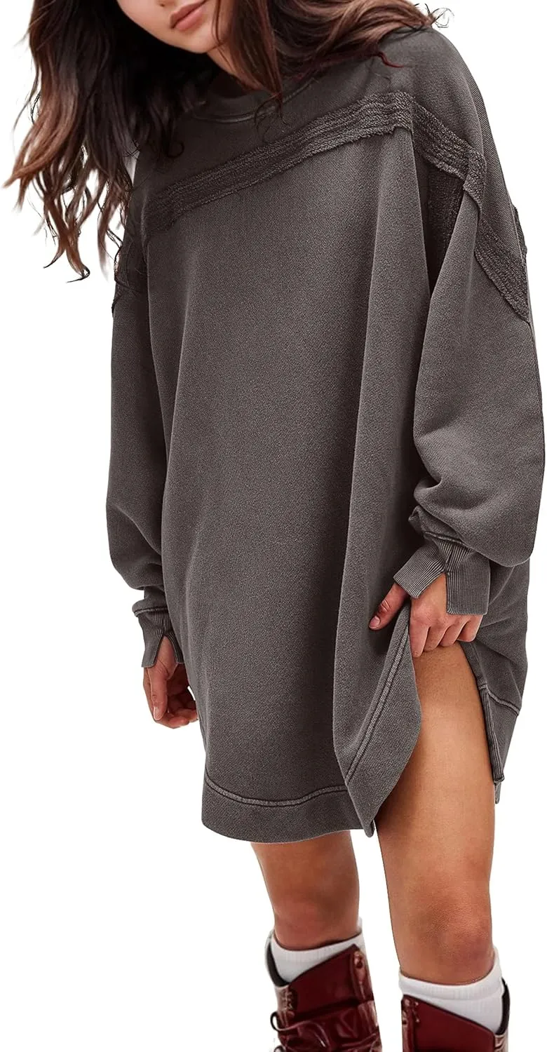 Women Casual Dresses Oversized Long Sleeve Sweatshirt Dresses Crewneck Tunic Tops Pullover Loose Fitting Mini Dresses
