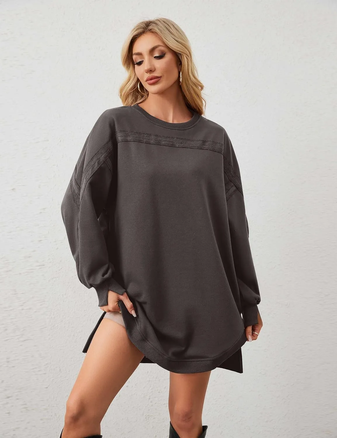 Women Casual Dresses Oversized Long Sleeve Sweatshirt Dresses Crewneck Tunic Tops Pullover Loose Fitting Mini Dresses