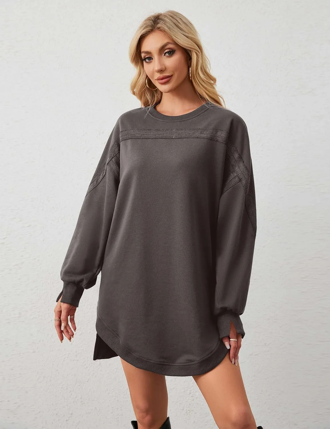 Women Casual Dresses Oversized Long Sleeve Sweatshirt Dresses Crewneck Tunic Tops Pullover Loose Fitting Mini Dresses