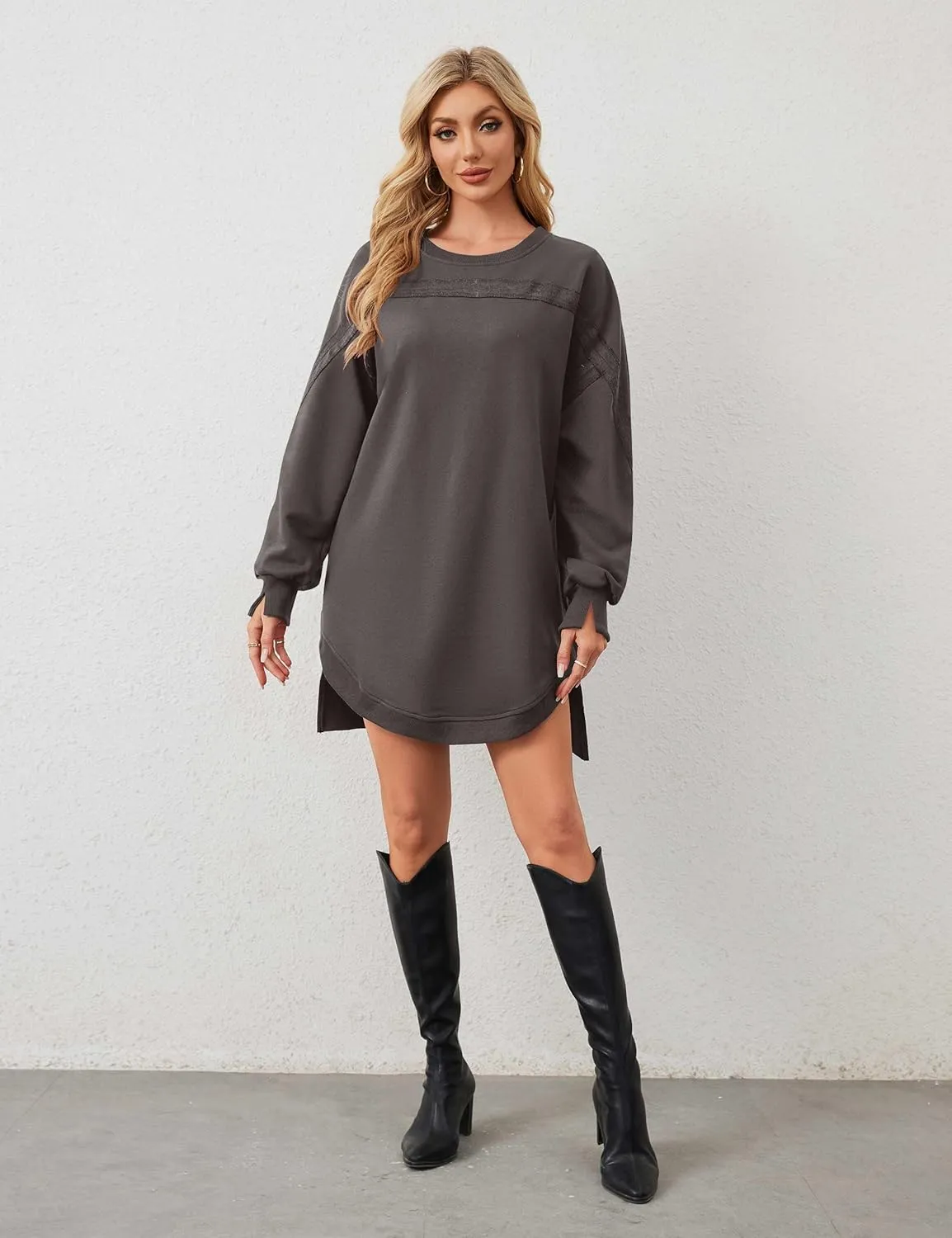 Women Casual Dresses Oversized Long Sleeve Sweatshirt Dresses Crewneck Tunic Tops Pullover Loose Fitting Mini Dresses