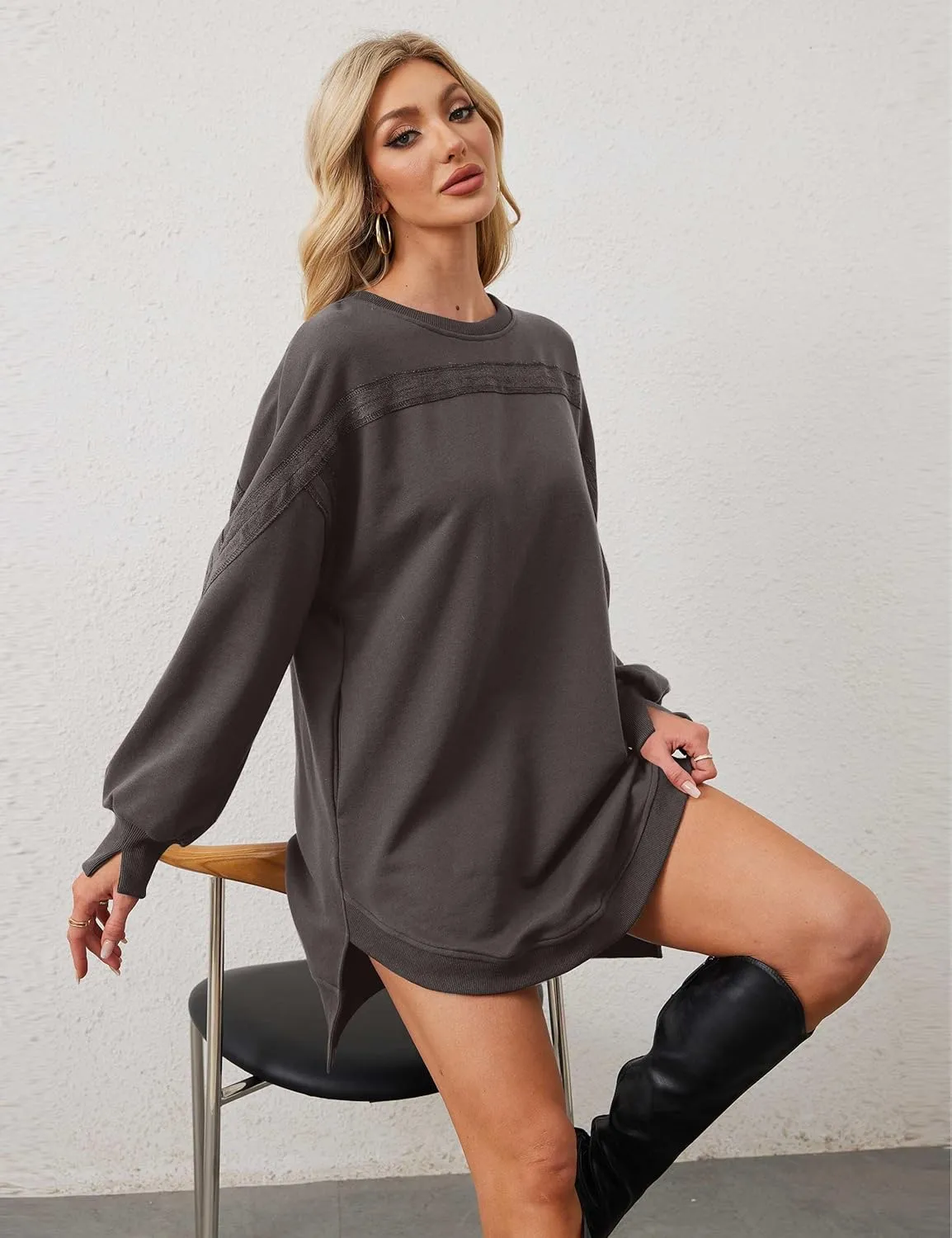 Women Casual Dresses Oversized Long Sleeve Sweatshirt Dresses Crewneck Tunic Tops Pullover Loose Fitting Mini Dresses
