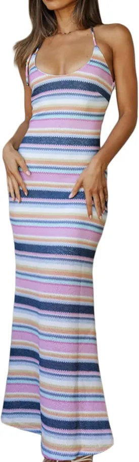 Women Ribbed Knit Long Dress Sleeveless Flower Bodycon Maxi Party Cocktail Dress Summer Beach Cover Up Club Dress