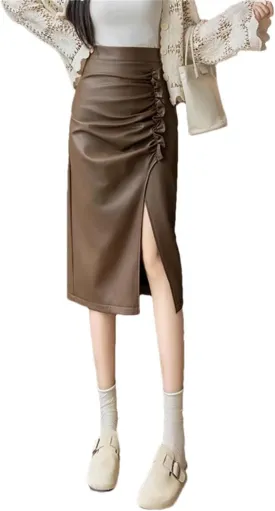 Women Solid High Waist Pleated Irregular Split Wrapped Pencil Skirts