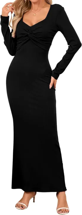 Women's Bodycon Maxi Dress Square Neck Long Sleeve Formal Tube Twist Knot Front Ribbed Knit 2025 Spring Casual Dress