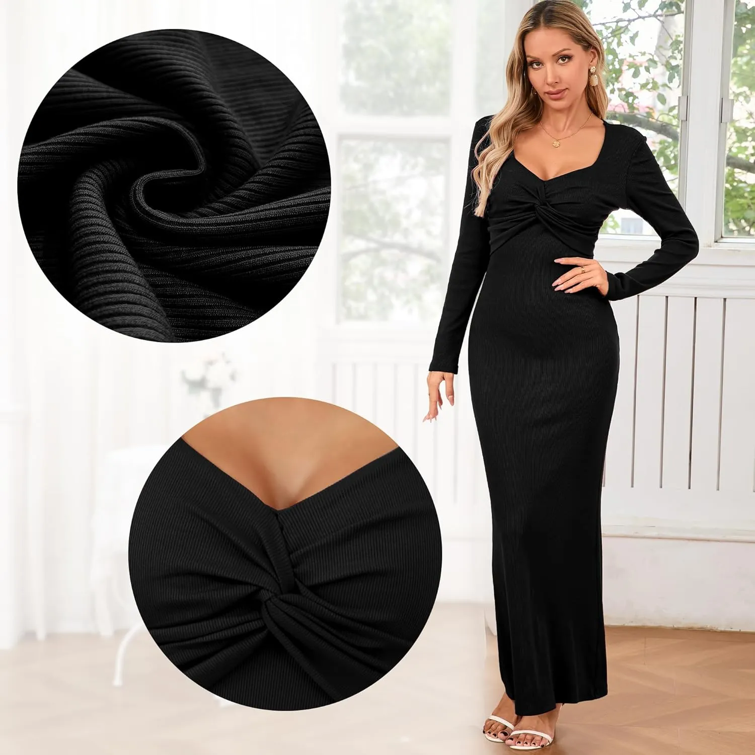 Women's Bodycon Maxi Dress Square Neck Long Sleeve Formal Tube Twist Knot Front Ribbed Knit 2025 Spring Casual Dress