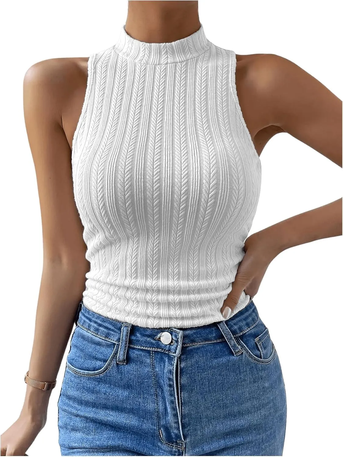 Women's Mock Neck Textured Tank Top Sleeveless Slim Fit Summer Basic Tops