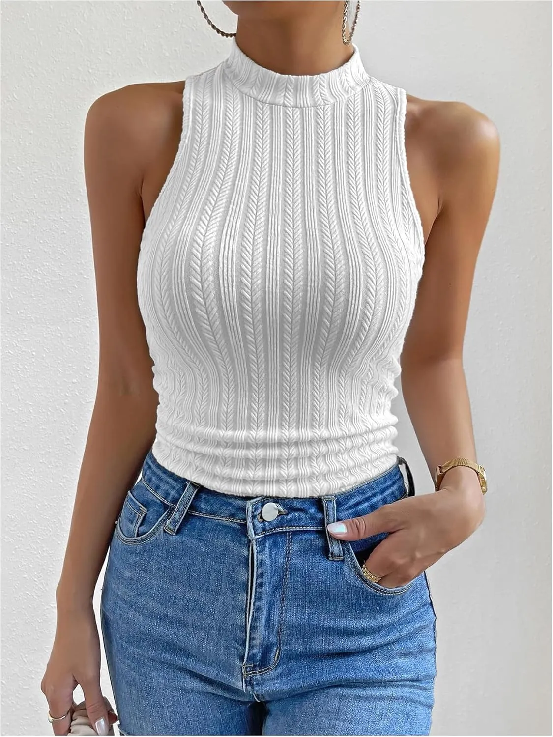 Women's Mock Neck Textured Tank Top Sleeveless Slim Fit Summer Basic Tops