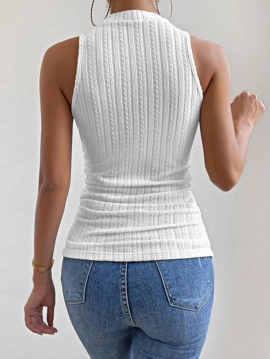Women's Mock Neck Textured Tank Top Sleeveless Slim Fit Summer Basic Tops