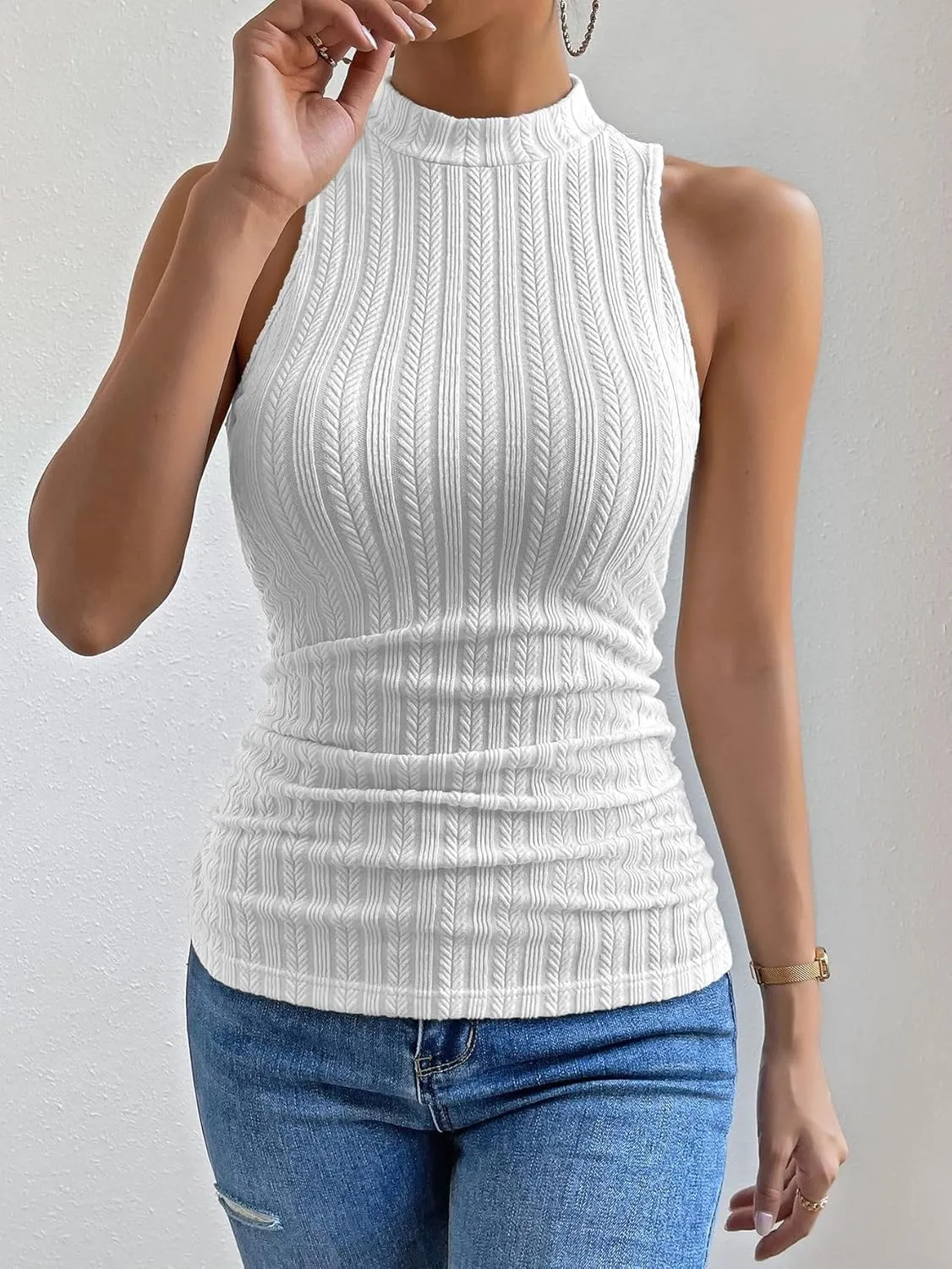 Women's Mock Neck Textured Tank Top Sleeveless Slim Fit Summer Basic Tops