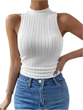 Women's Mock Neck Textured Tank Top Sleeveless Slim Fit Summer Basic Tops