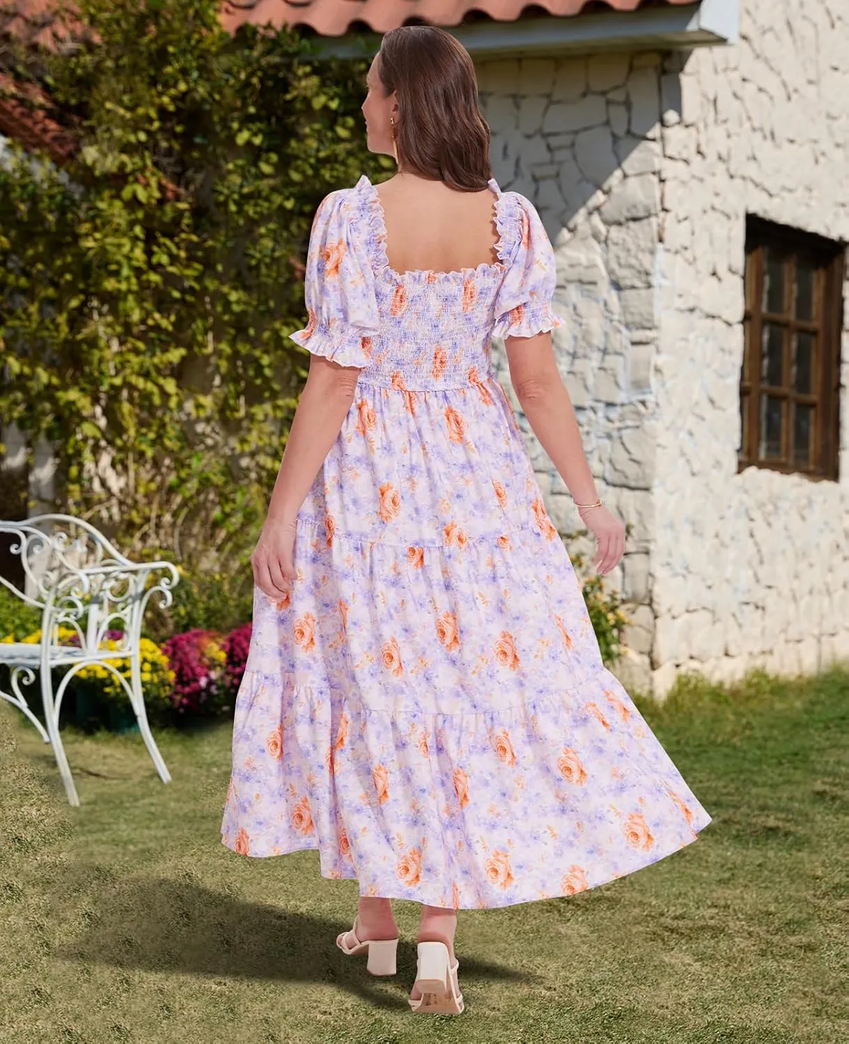 Women's Plus Size Casual Maxi Dress Square Neck Smocked Dress Short Puff Sleeve Floral Solid Summer Dress