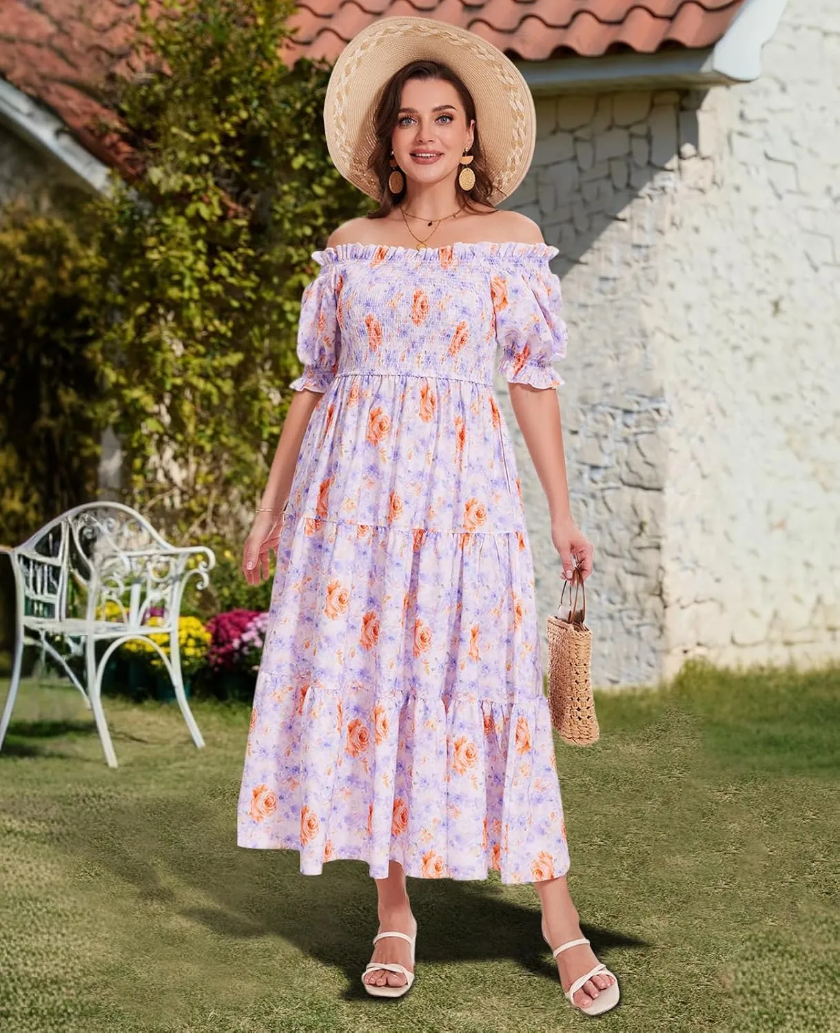 Women's Plus Size Casual Maxi Dress Square Neck Smocked Dress Short Puff Sleeve Floral Solid Summer Dress