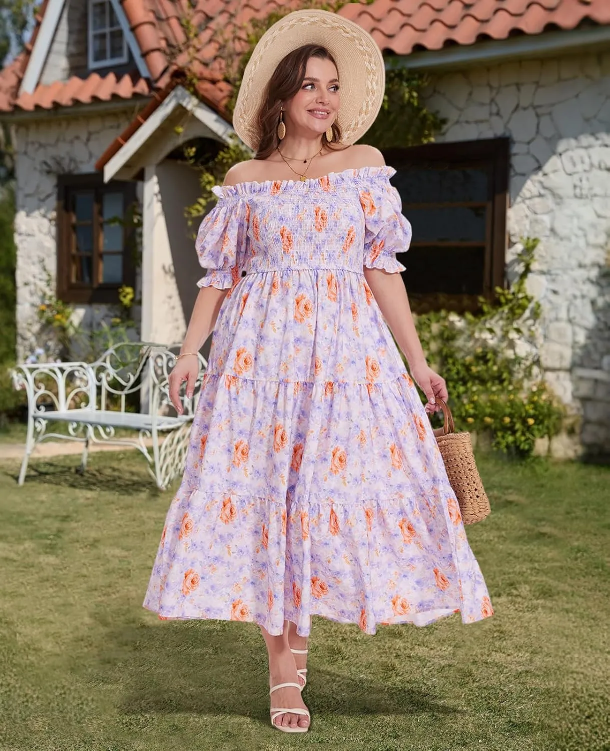 Women's Plus Size Casual Maxi Dress Square Neck Smocked Dress Short Puff Sleeve Floral Solid Summer Dress