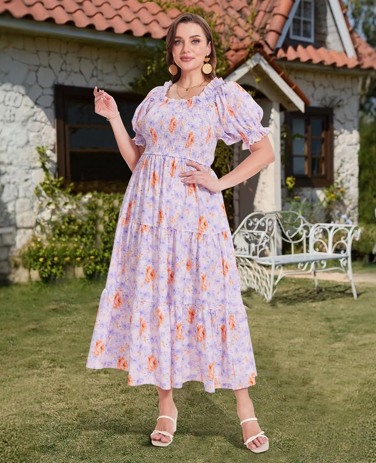 Women's Plus Size Casual Maxi Dress Square Neck Smocked Dress Short Puff Sleeve Floral Solid Summer Dress