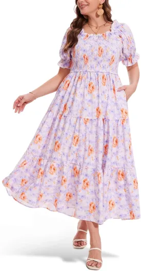 Women's Plus Size Casual Maxi Dress Square Neck Smocked Dress Short Puff Sleeve Floral Solid Summer Dress