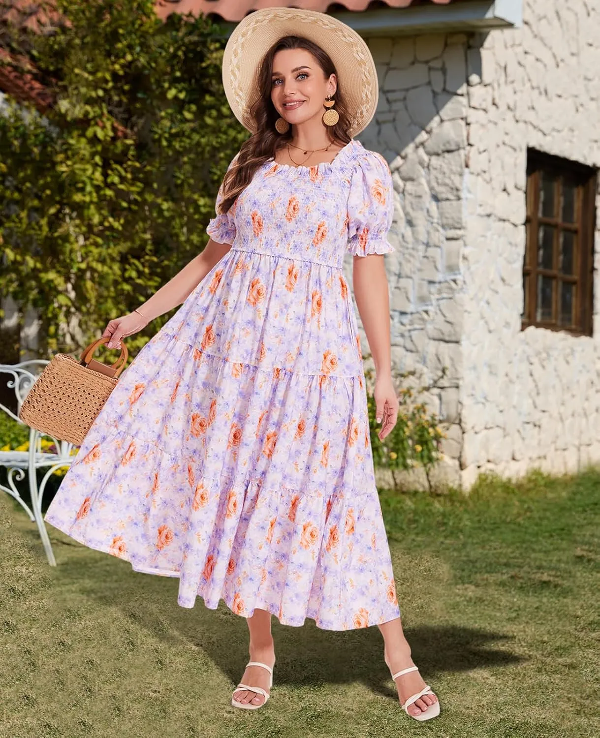 Women's Plus Size Casual Maxi Dress Square Neck Smocked Dress Short Puff Sleeve Floral Solid Summer Dress