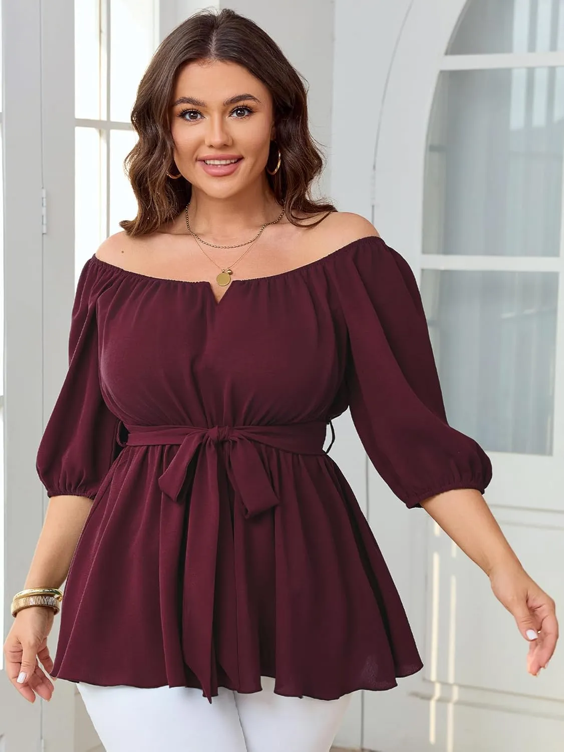 Women's Plus Size Square Neck Peplum Blouses Dressy Tops 3/4 Puff Sleeve Empire Waist Tie Ruffle Hem Babydoll Top