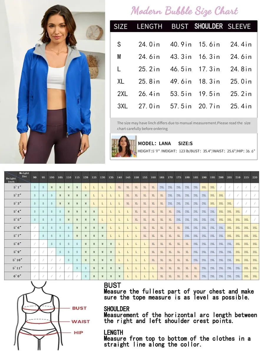 Womens Reversible Rain Jacket Lightweight Waterproof Windbreaker Jacket Outdoor Active Portable Raincoat