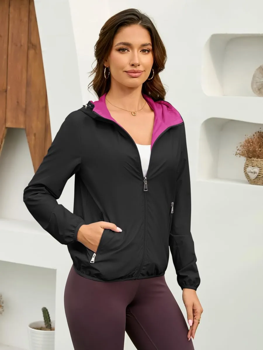 Womens Reversible Rain Jacket Lightweight Waterproof Windbreaker Jacket Outdoor Active Portable Raincoat