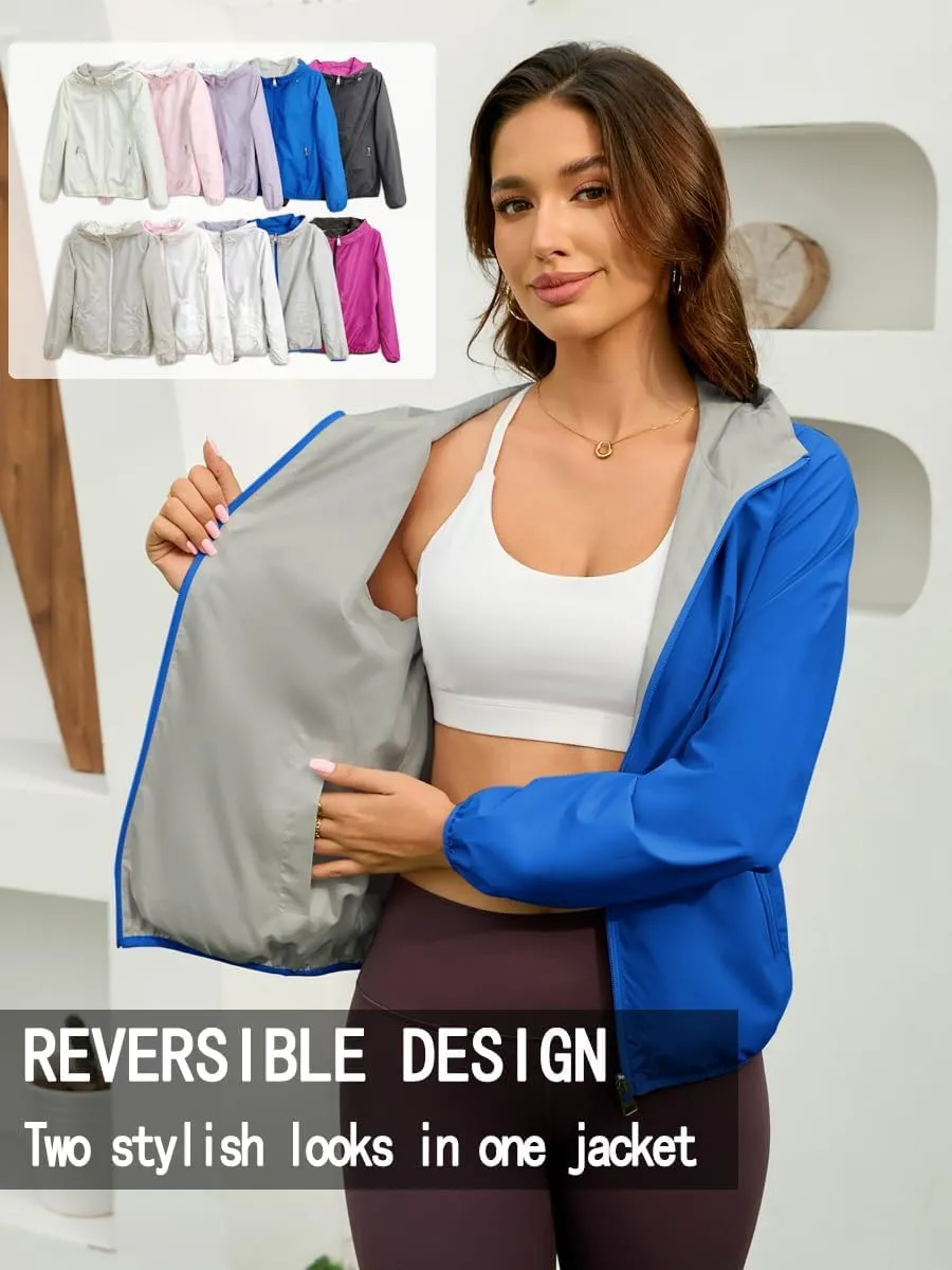 Womens Reversible Rain Jacket Lightweight Waterproof Windbreaker Jacket Outdoor Active Portable Raincoat
