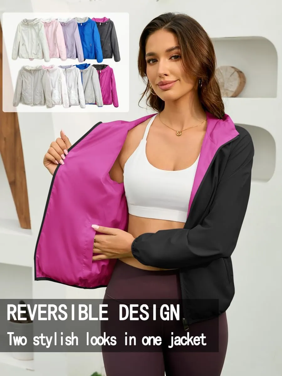 Womens Reversible Rain Jacket Lightweight Waterproof Windbreaker Jacket Outdoor Active Portable Raincoat