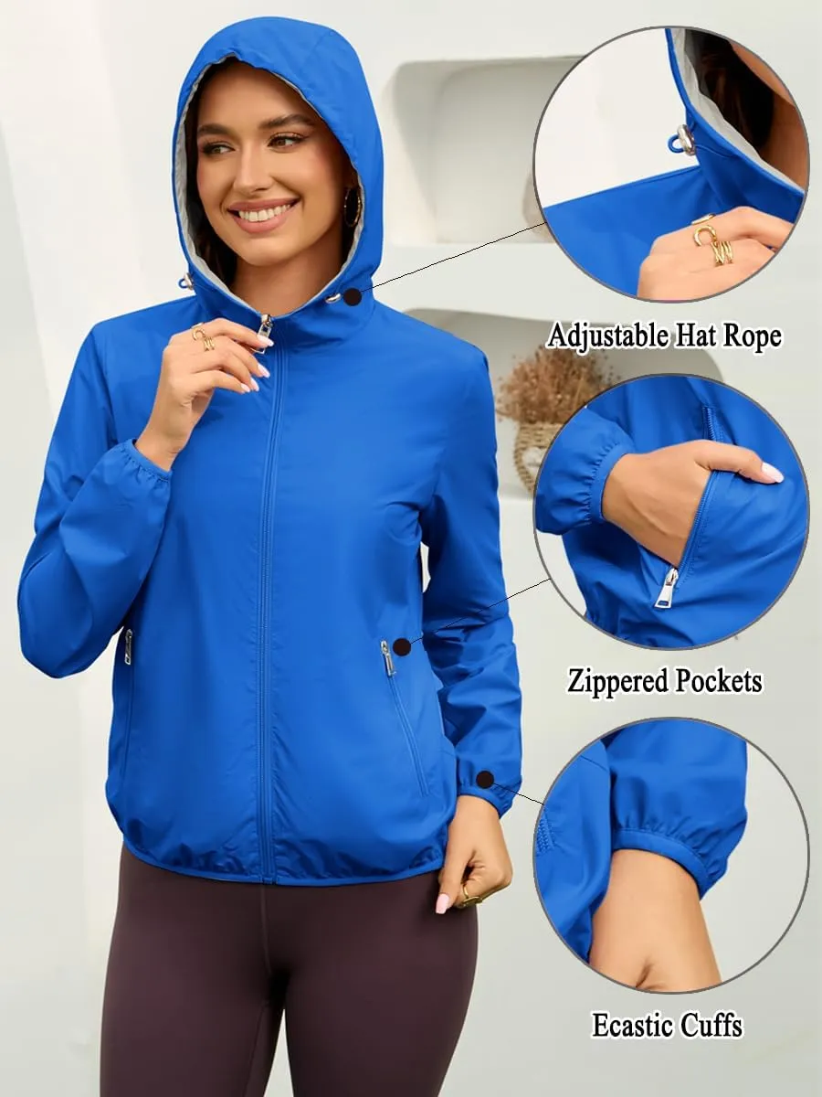 Womens Reversible Rain Jacket Lightweight Waterproof Windbreaker Jacket Outdoor Active Portable Raincoat