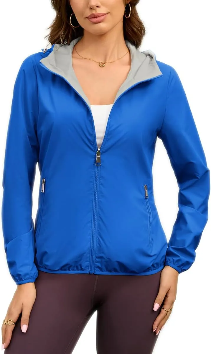 Womens Reversible Rain Jacket Lightweight Waterproof Windbreaker Jacket Outdoor Active Portable Raincoat