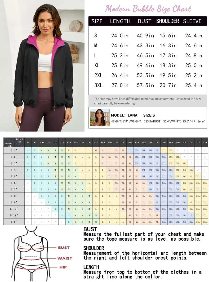 Womens Reversible Rain Jacket Lightweight Waterproof Windbreaker Jacket Outdoor Active Portable Raincoat