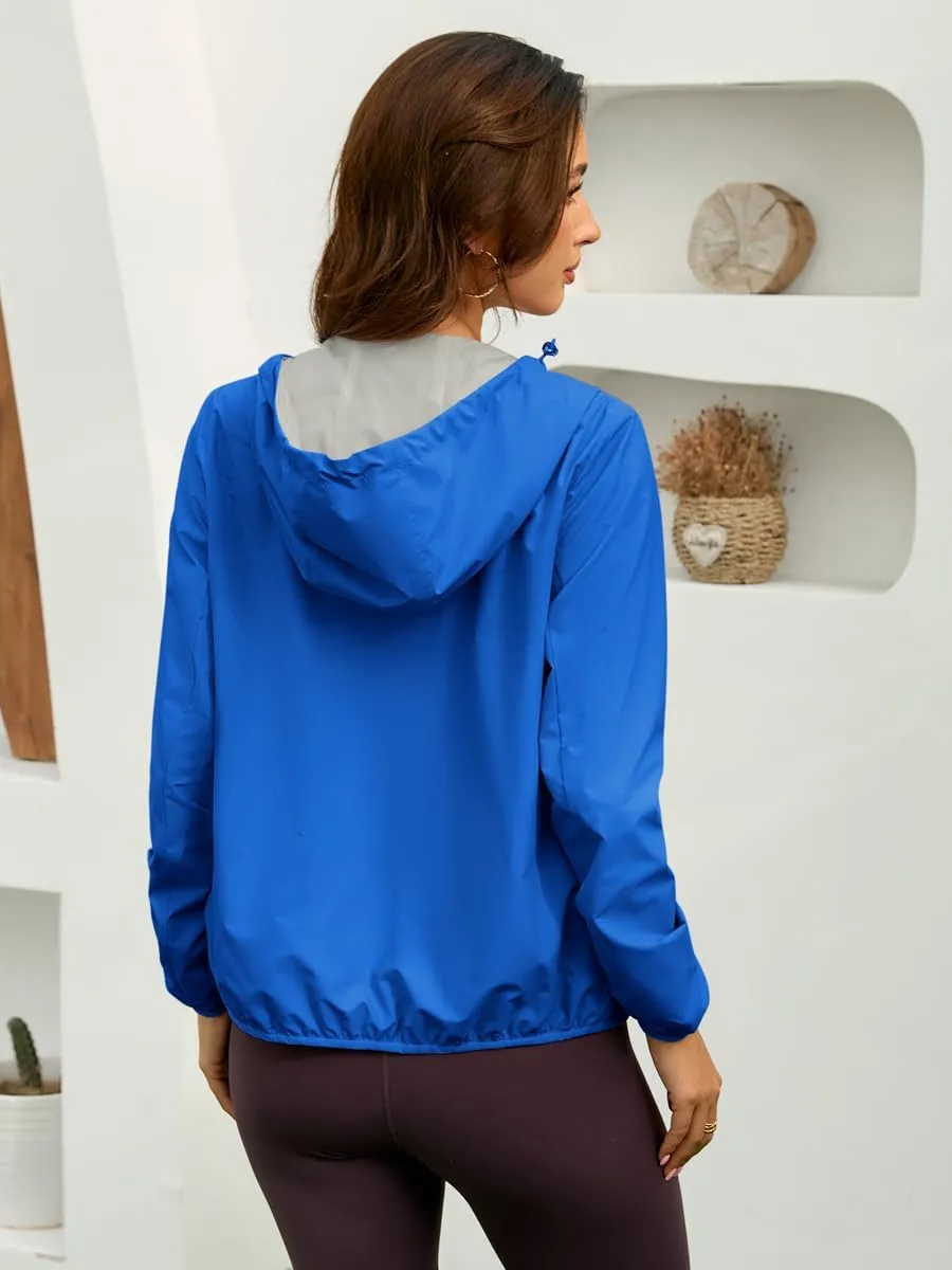 Womens Reversible Rain Jacket Lightweight Waterproof Windbreaker Jacket Outdoor Active Portable Raincoat