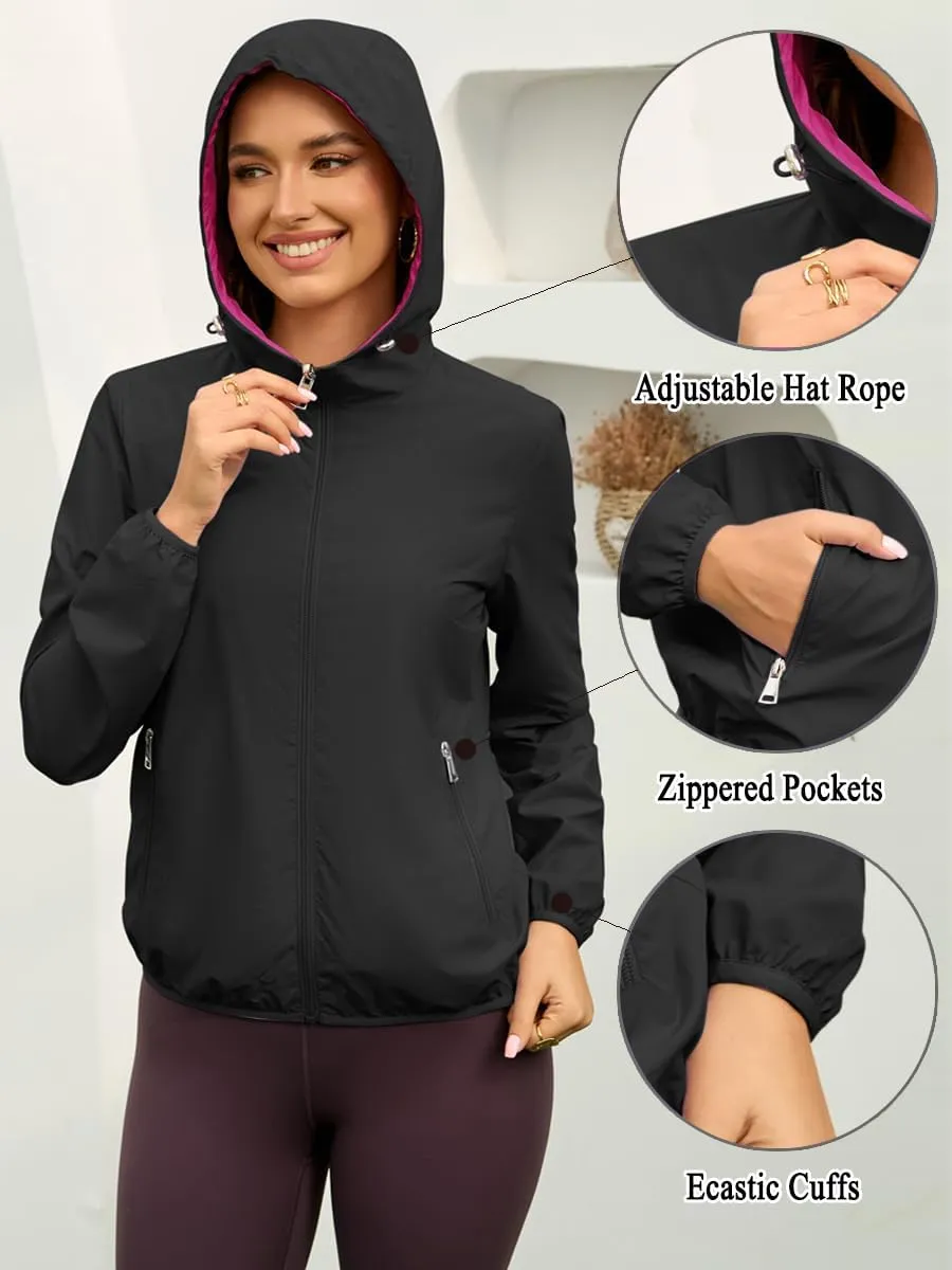 Womens Reversible Rain Jacket Lightweight Waterproof Windbreaker Jacket Outdoor Active Portable Raincoat