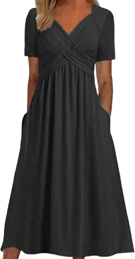 Women's Summer Dresses Short Sleeve V Neck Casual Boho Maxi Beach Dress Plus Size Flowy Long Sundress with Pockets