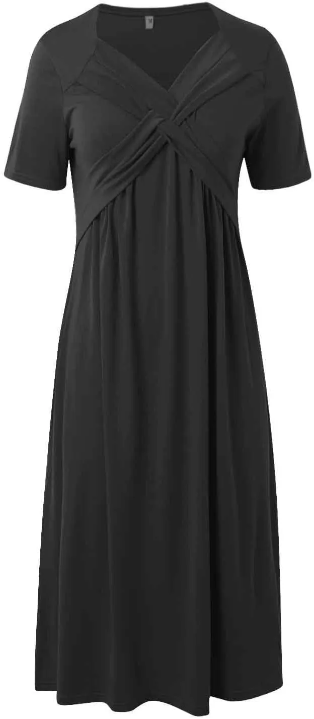 Women's Summer Dresses Short Sleeve V Neck Casual Boho Maxi Beach Dress Plus Size Flowy Long Sundress with Pockets