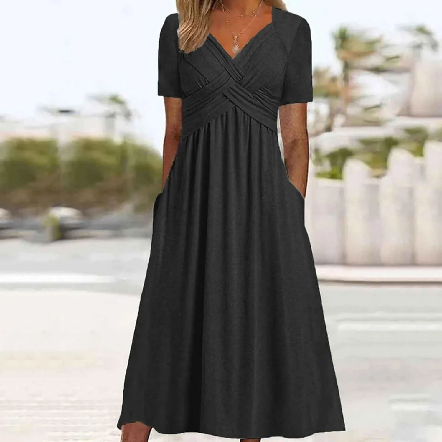 Women's Summer Dresses Short Sleeve V Neck Casual Boho Maxi Beach Dress Plus Size Flowy Long Sundress with Pockets