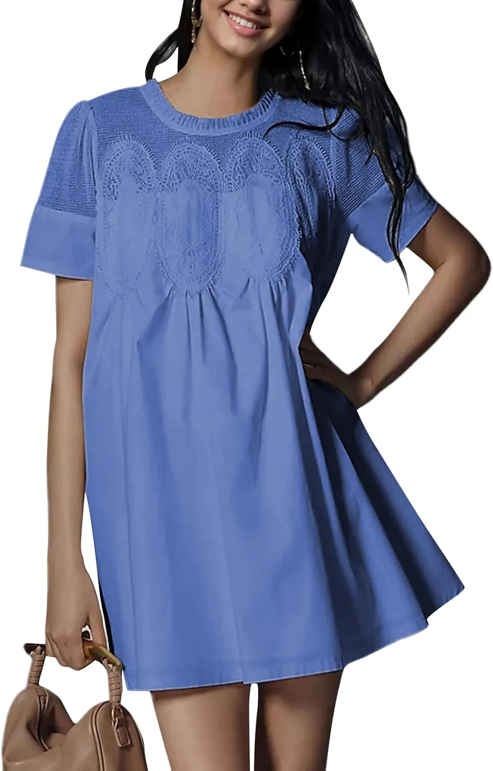 Womens Summer Lace Mini Babydoll Dress Ruffled Collar Short Sleeve Loose Mesh Swing Elegant Flared Sundress
