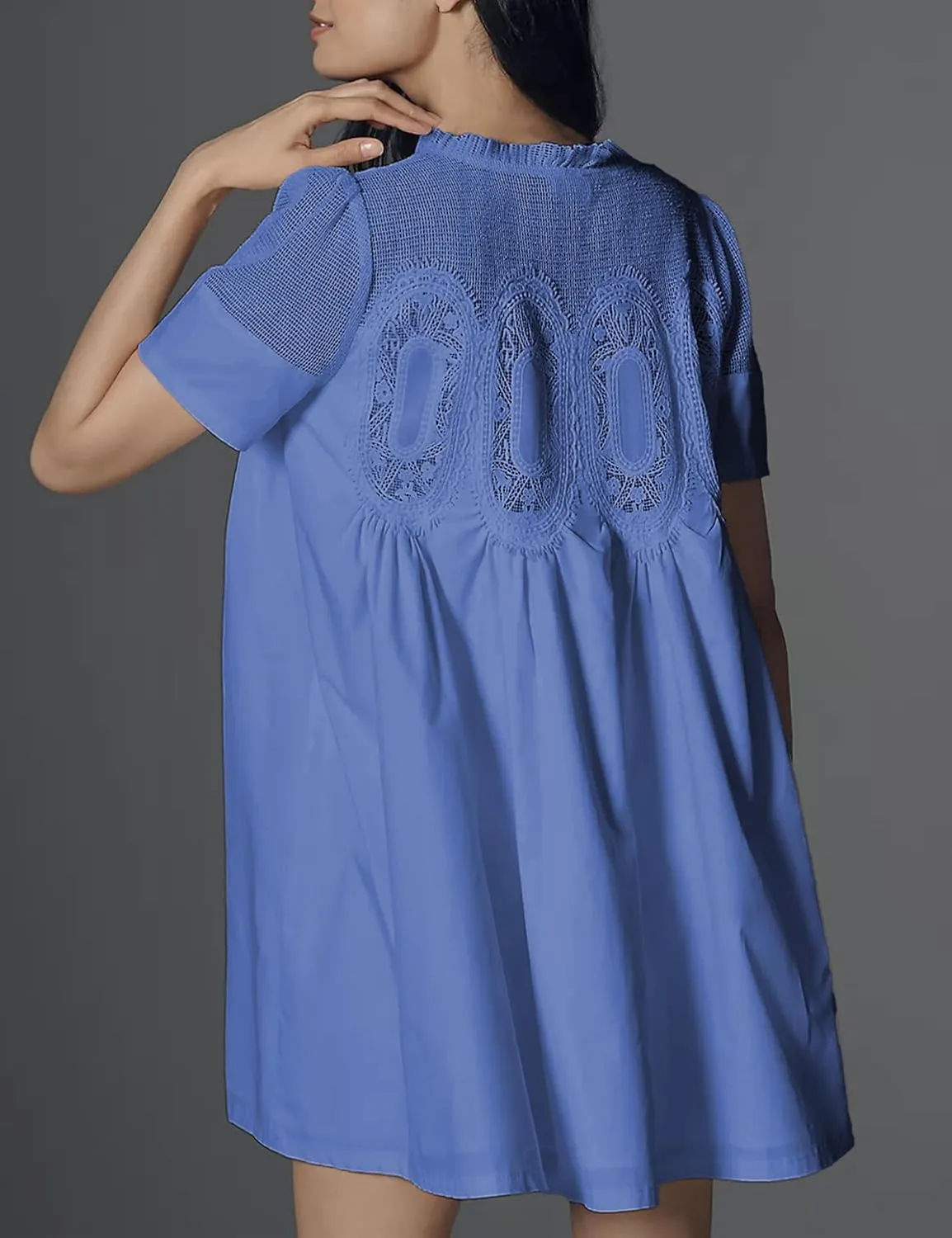 Womens Summer Lace Mini Babydoll Dress Ruffled Collar Short Sleeve Loose Mesh Swing Elegant Flared Sundress