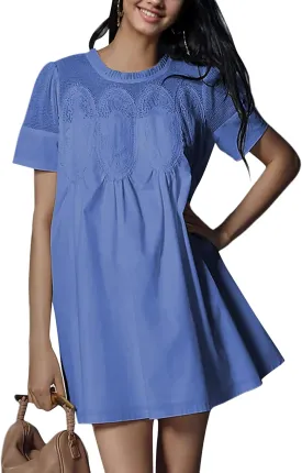 Womens Summer Lace Mini Babydoll Dress Ruffled Collar Short Sleeve Loose Mesh Swing Elegant Flared Sundress