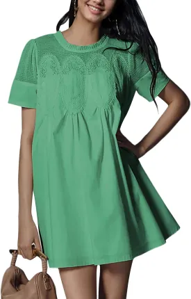 Womens Summer Lace Mini Babydoll Dress Ruffled Collar Short Sleeve Loose Mesh Swing Elegant Flared Sundress