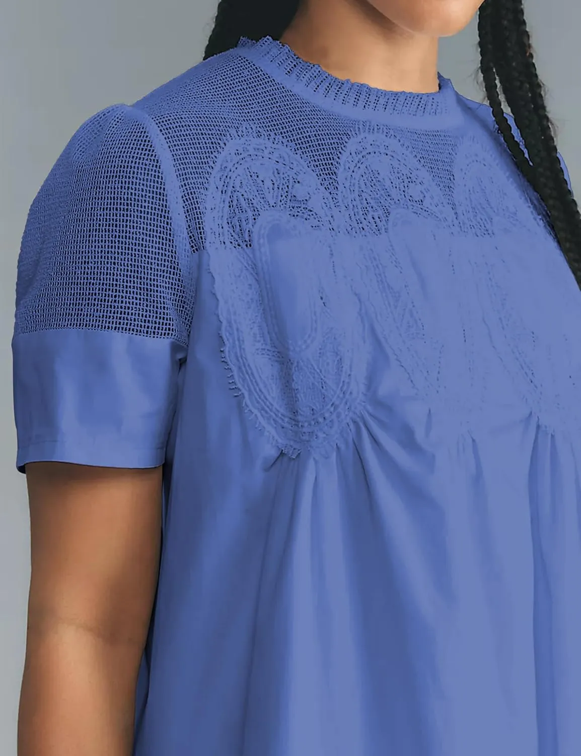 Womens Summer Lace Mini Babydoll Dress Ruffled Collar Short Sleeve Loose Mesh Swing Elegant Flared Sundress
