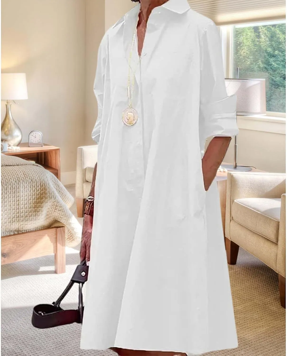 Womens Wedding Guest Button Down Dress Plus Size Linen Elegant Maxi Dress Cotton Long Lapel Shirtdress 2025 Swing