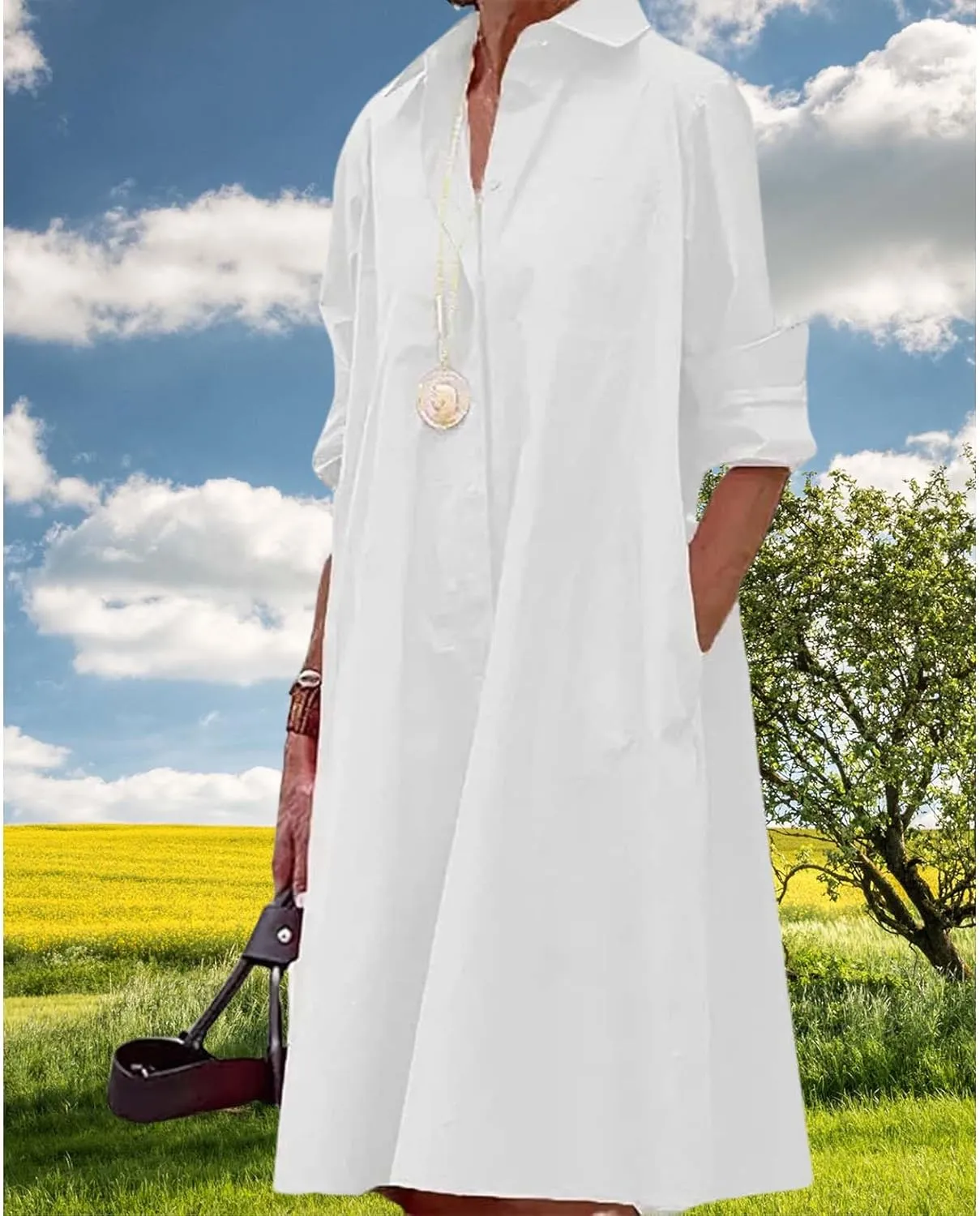Womens Wedding Guest Button Down Dress Plus Size Linen Elegant Maxi Dress Cotton Long Lapel Shirtdress 2025 Swing