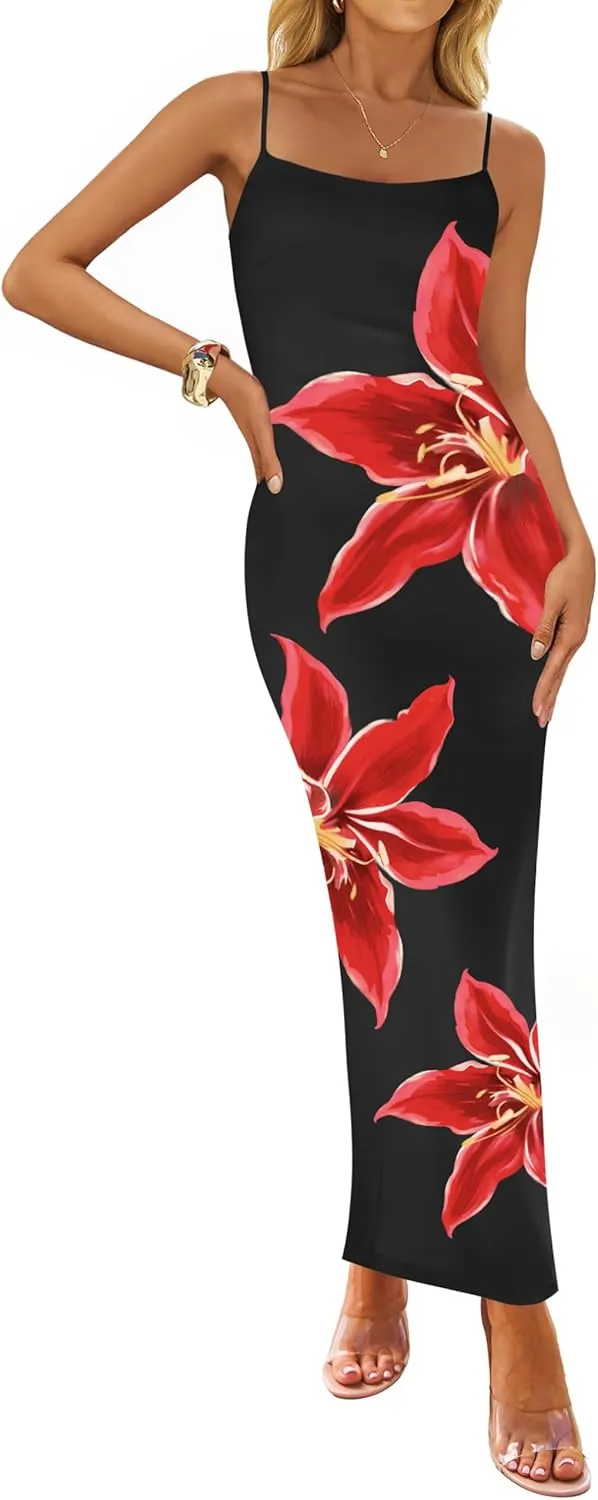 ZESICA Womens Summer Bodycon Maxi Dresses 2025 Floral Spaghetti Strap Square Neck Sleeveless Boho Beach Long Dresses